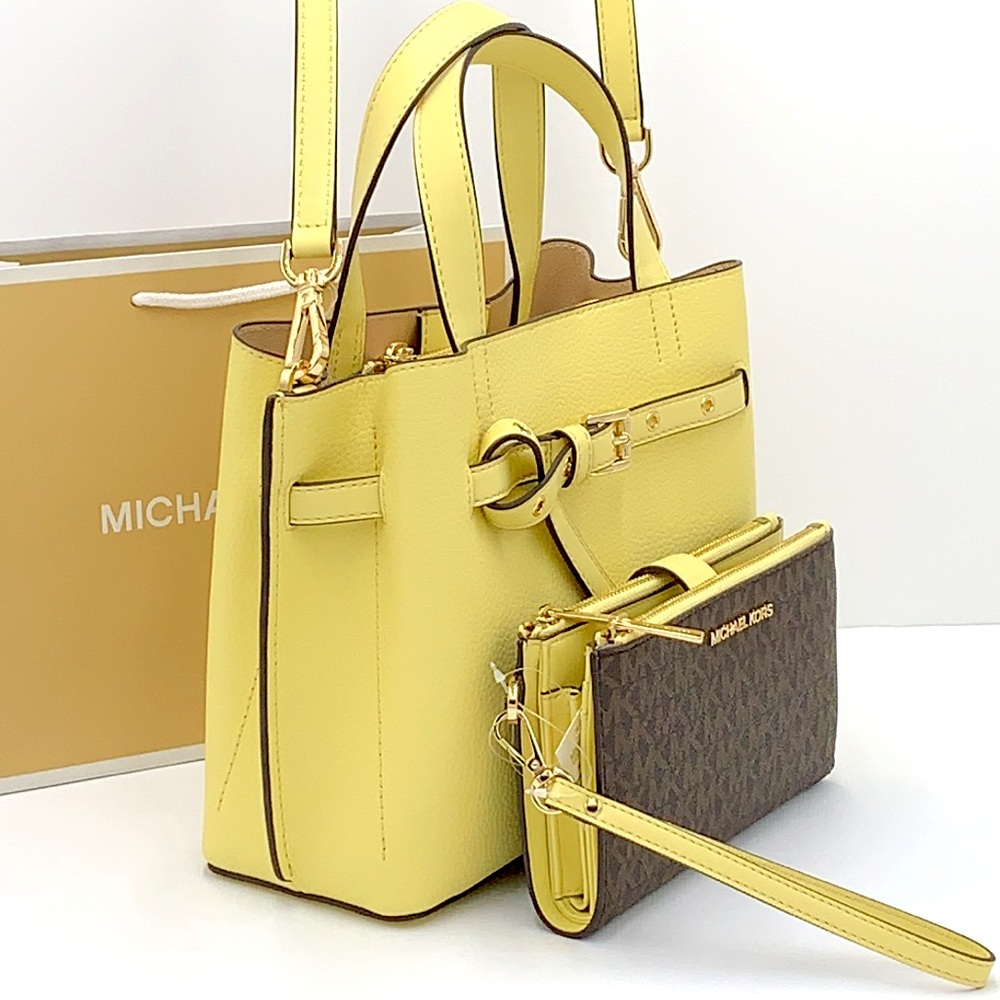 MICHAEL KORS EMILIA SMALL SATCHEL & LARGE DOUBLE ZIP WRISTLET BUTTERCUP - Picture 4 of 16